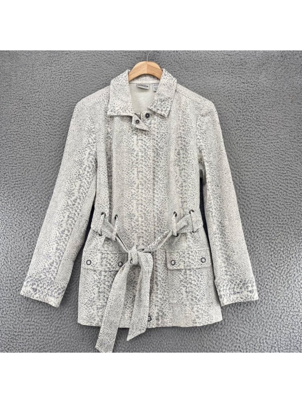 Chicos Jacket Womens 1 US Medium Silver Shimmer Snake Print Belted Zip Collar